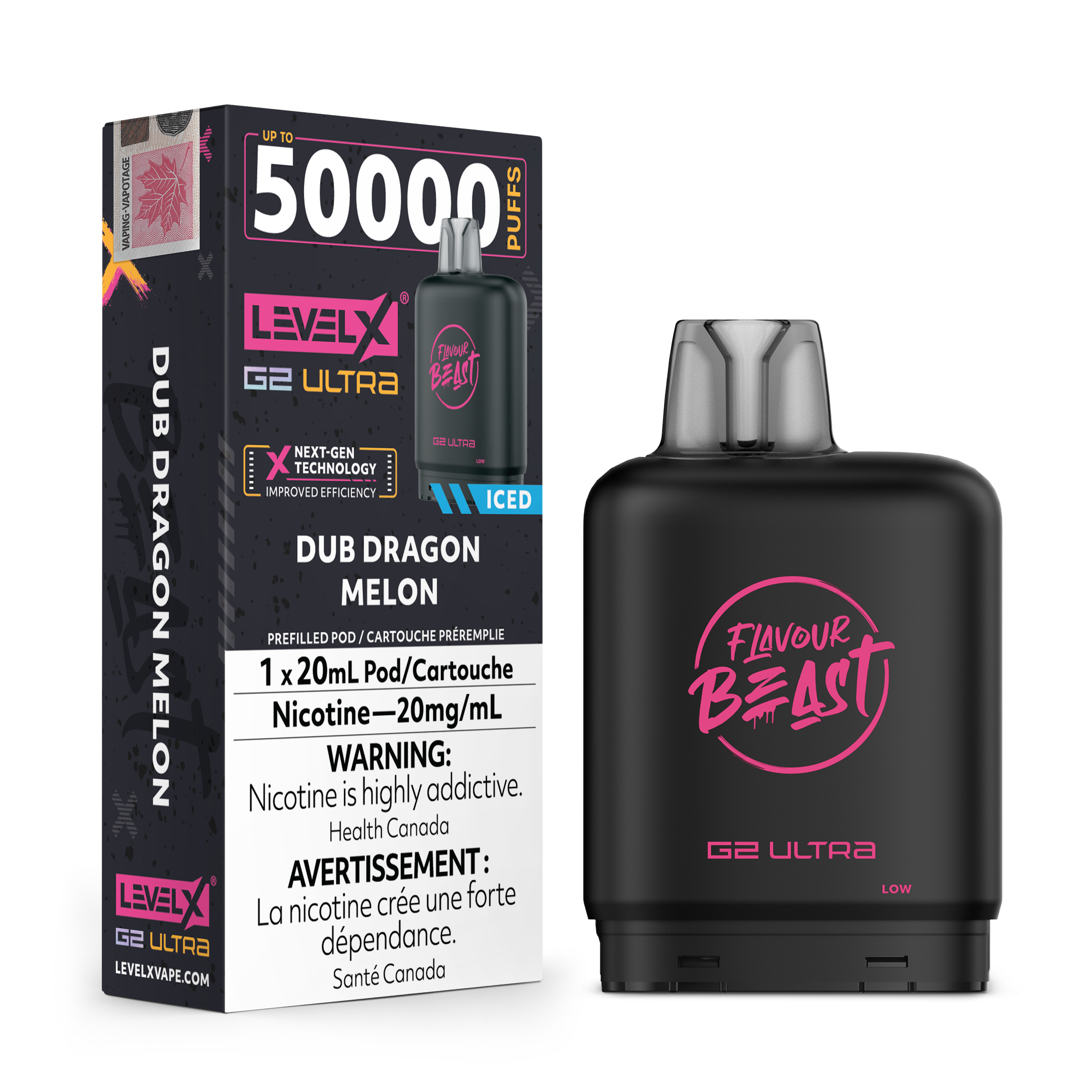 LEVELX_Boost-G2_FlavourBeast_POD_APR2025-RENDER-FAM-EXS_20mg_DubDragonMelon.png Levelx Boost G2 Flavourbeast Pod Apr2025 Render Fam Exs 20mg